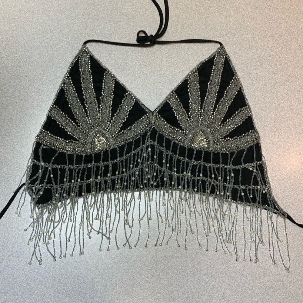 La Vie En Rose Black Beaded Fringe Halter Crop Top